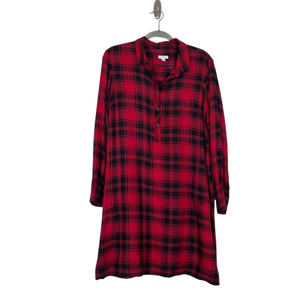 J. Jill Plaid Long Sleeve Shirt Dress Red Black Knee Length Pockets Medium Fall
